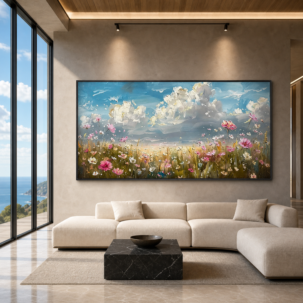 COSMOS FIELD: Colorful Cosmos Wildflowers Textured Impasto Canvas