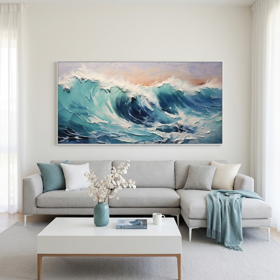 CRESTING WAVE: Textured Impasto Wave Panoramic Ocean Canvas