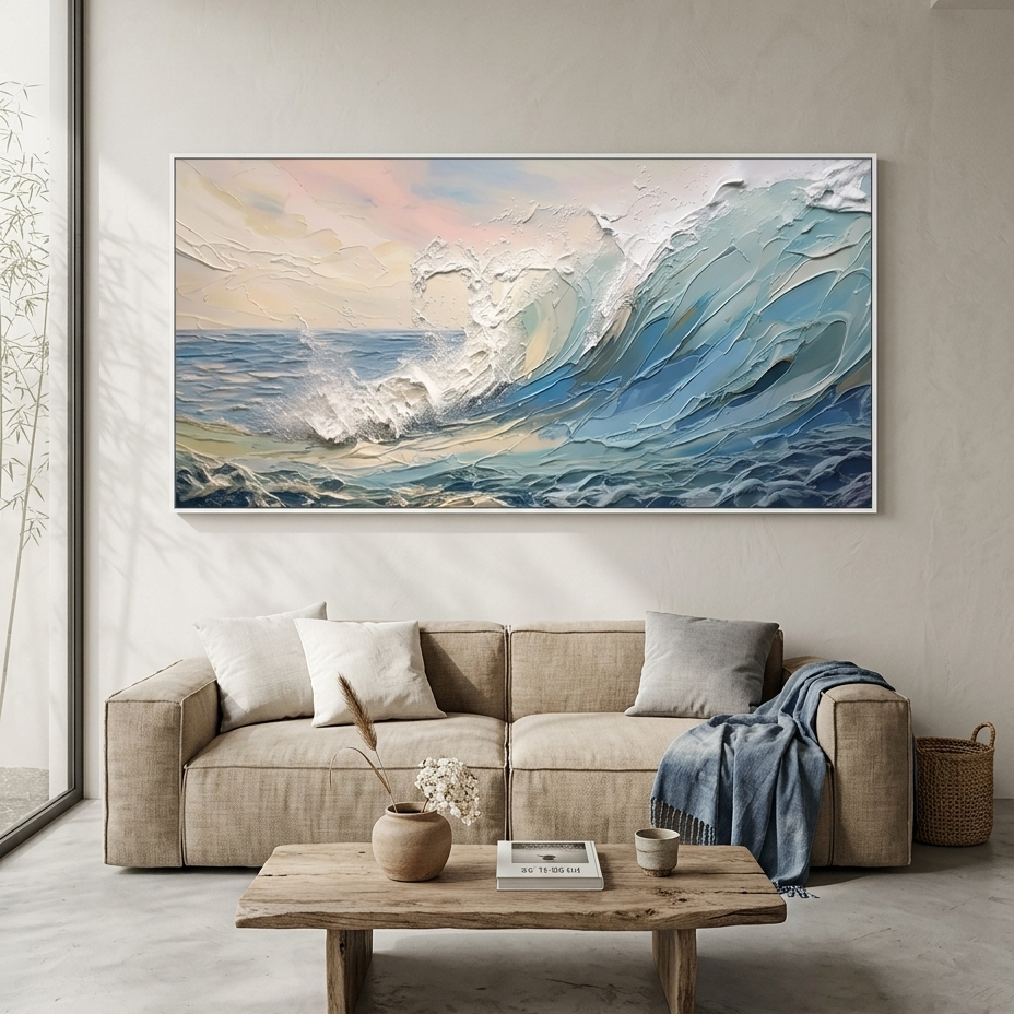CRESTING WAVE: Textured White Blue Impasto Wave Canvas