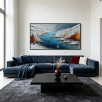 CRIMSON FJORD:Impasto Fiery Crimson Shore Deep Blue Sailboats Canvas