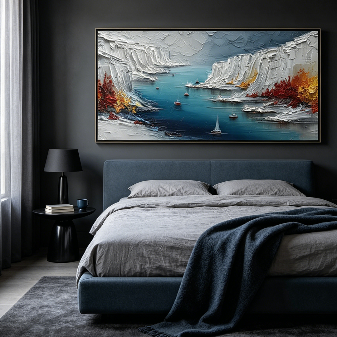 CRIMSON FJORD:Impasto Fiery Crimson Shore Deep Blue Sailboats Canvas
