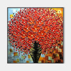 Crimson Bouquet textured impasto oil painting - vibrant red flowers in black vase, original handmade wall art by Isabella Rossi.