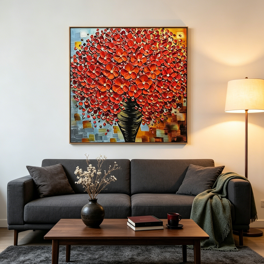 CRIMSON BOUQUET: Textured Impasto Vibrant Red Flowers Canvas