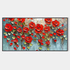 Textured impasto painting of a crimson field with vibrant red poppies and green leaves, showcasing thick brushstrokes.