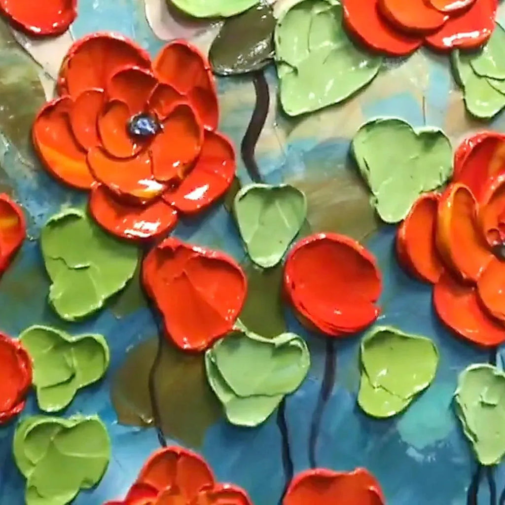 Textured impasto painting of a crimson field with vibrant red poppies and green leaves, showcasing thick brushstrokes.