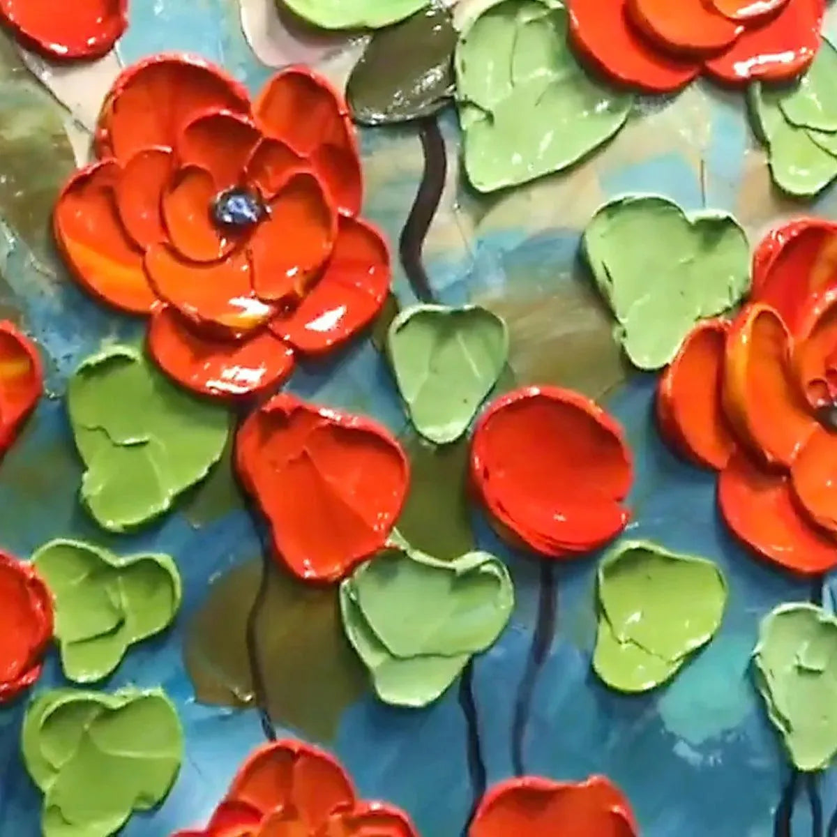 Textured impasto painting of a crimson field with vibrant red poppies and green leaves, showcasing thick brushstrokes.