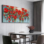 Textured impasto painting of a crimson field with vibrant red poppies and green leaves, showcasing thick brushstrokes.