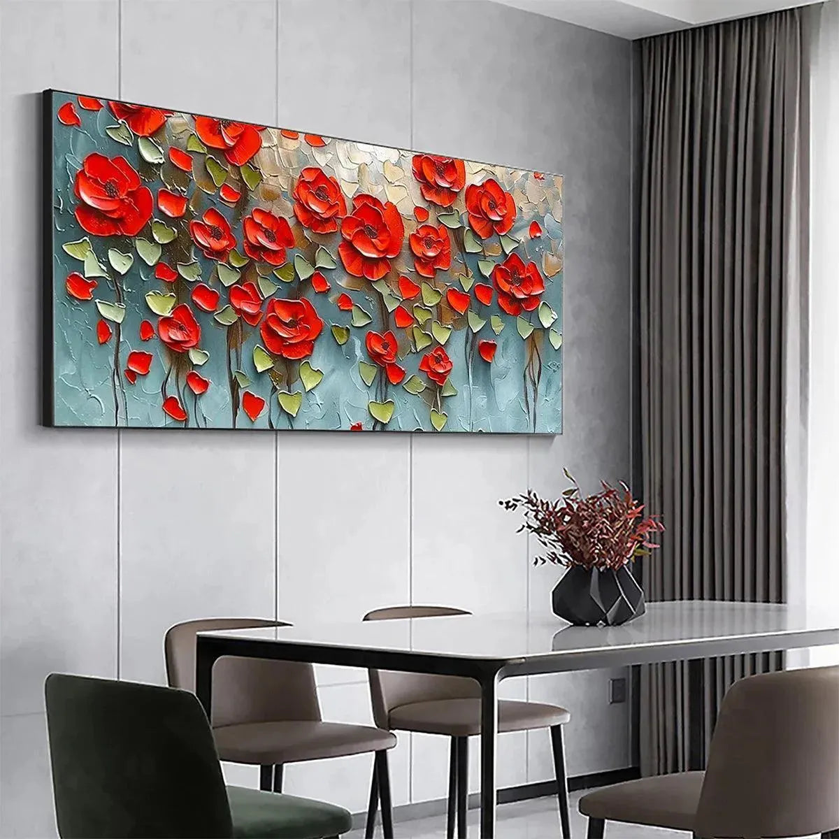 Textured impasto painting of a crimson field with vibrant red poppies and green leaves, showcasing thick brushstrokes.