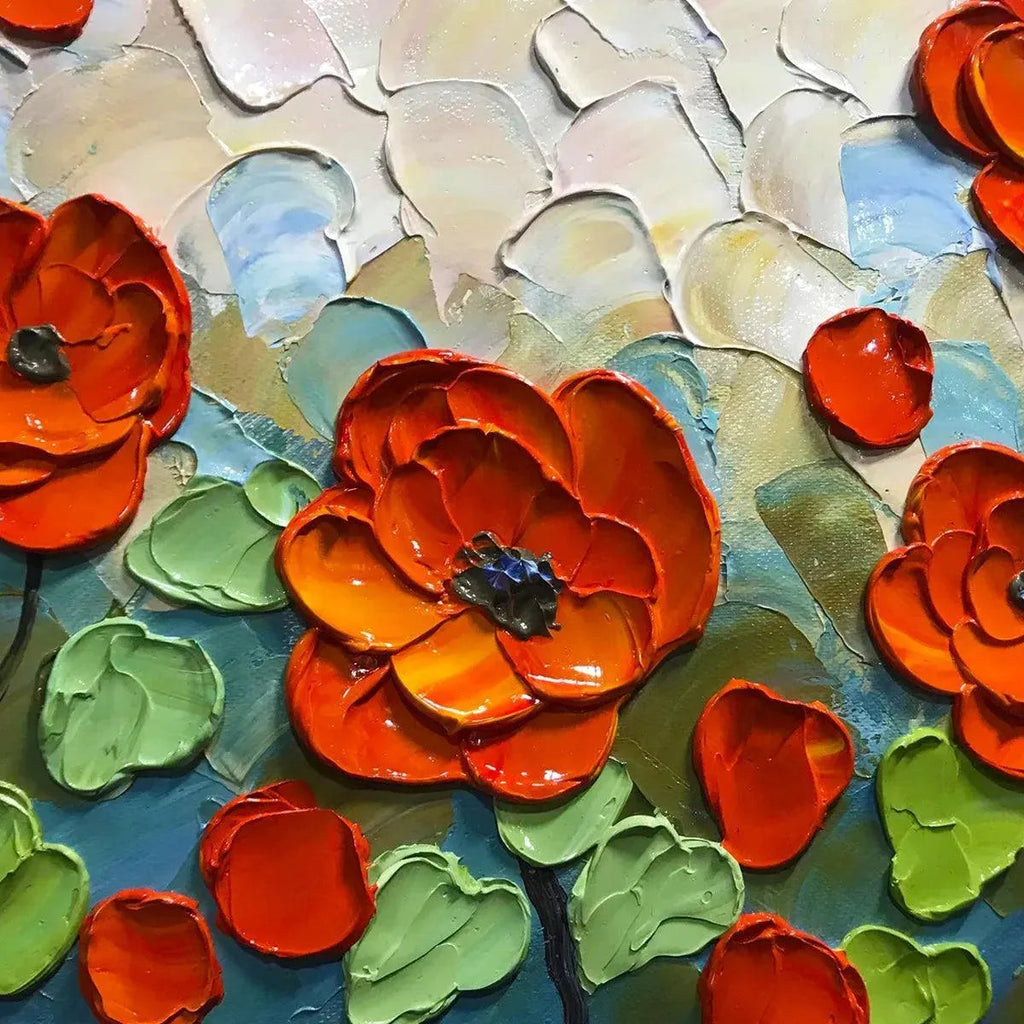 Textured impasto painting of a crimson field with vibrant red poppies and green leaves, showcasing thick brushstrokes.