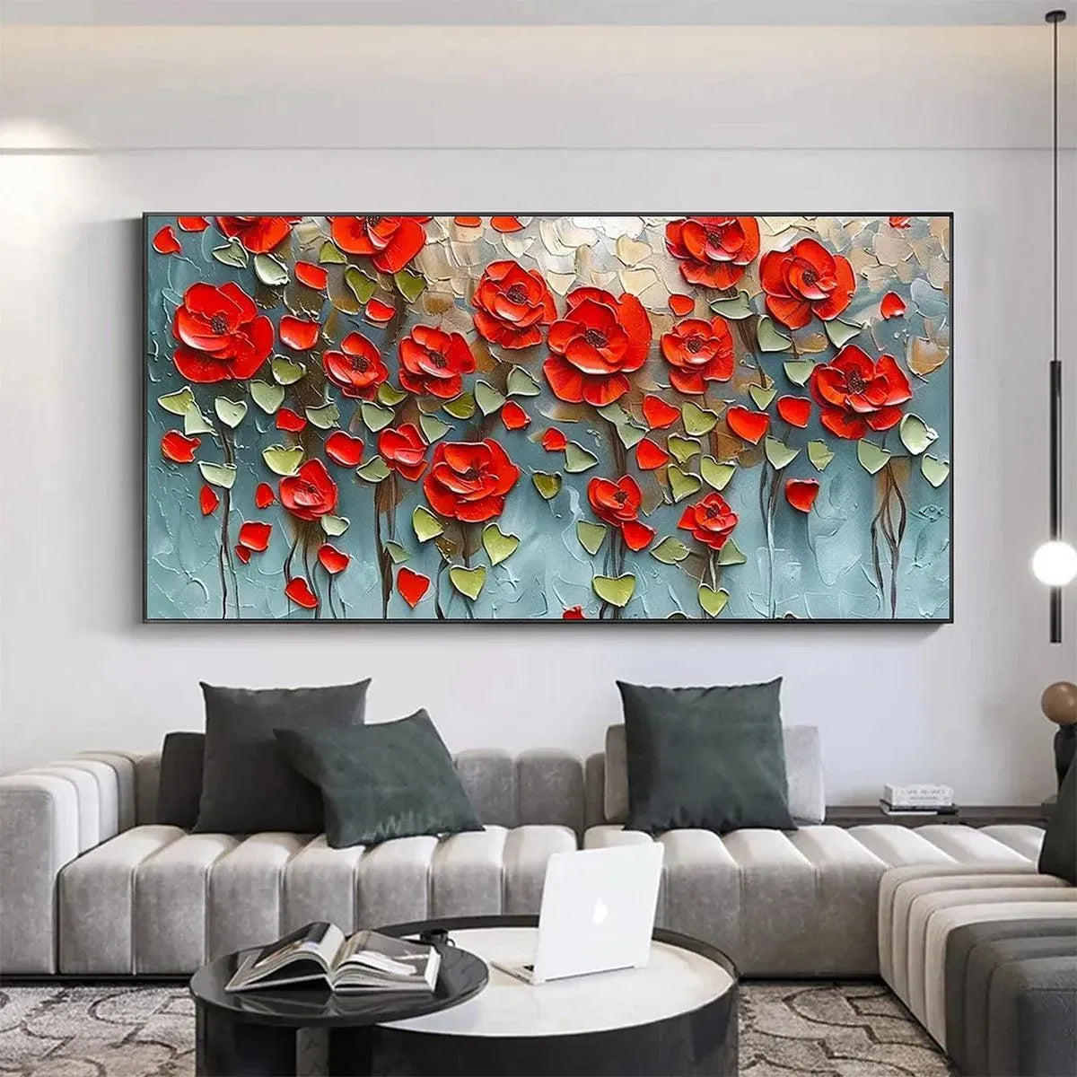 Textured impasto painting of a crimson field with vibrant red poppies and green leaves, showcasing thick brushstrokes.