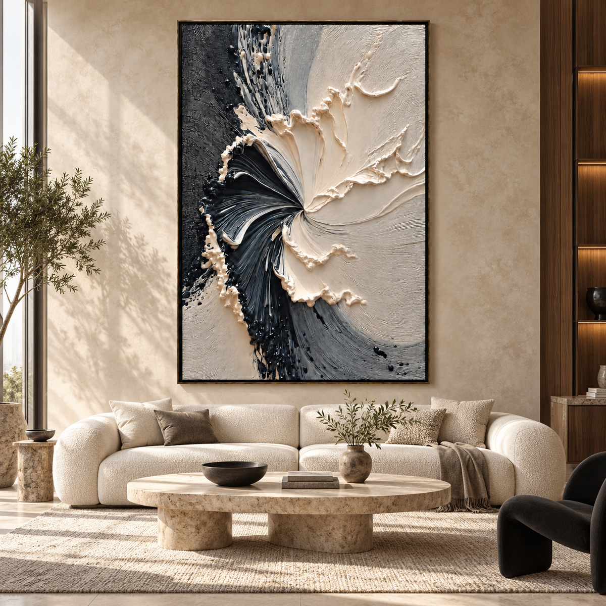 ECLIPSE IN BLOOM: Black and White Textured Abstract Painting with Sculptural Depth