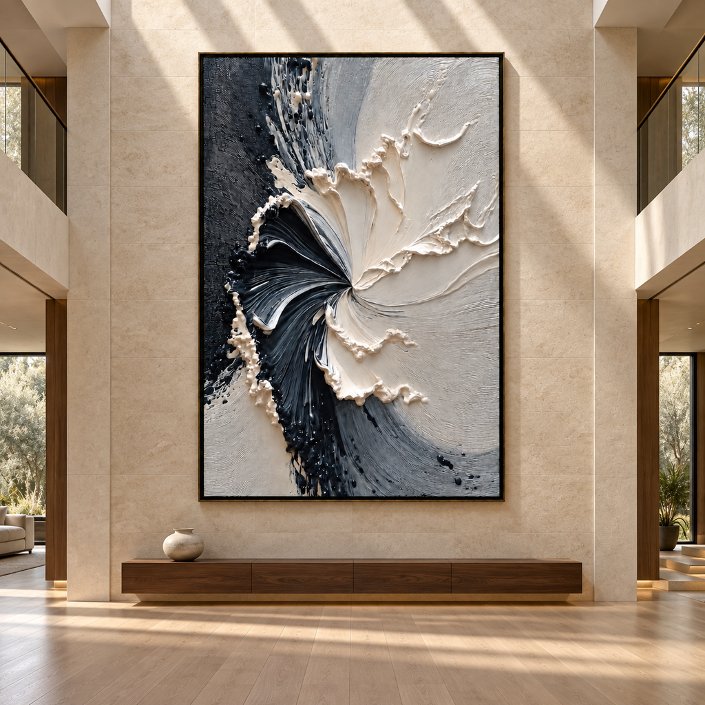 ECLIPSE IN BLOOM: Black and White Textured Abstract Painting with Sculptural Depth