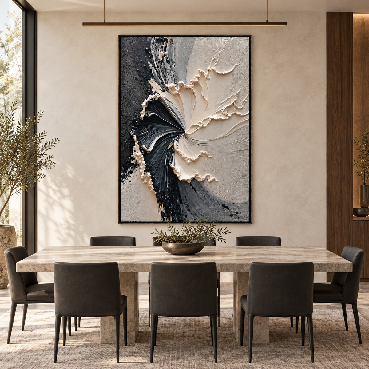 ECLIPSE IN BLOOM: Black and White Textured Abstract Painting with Sculptural Depth