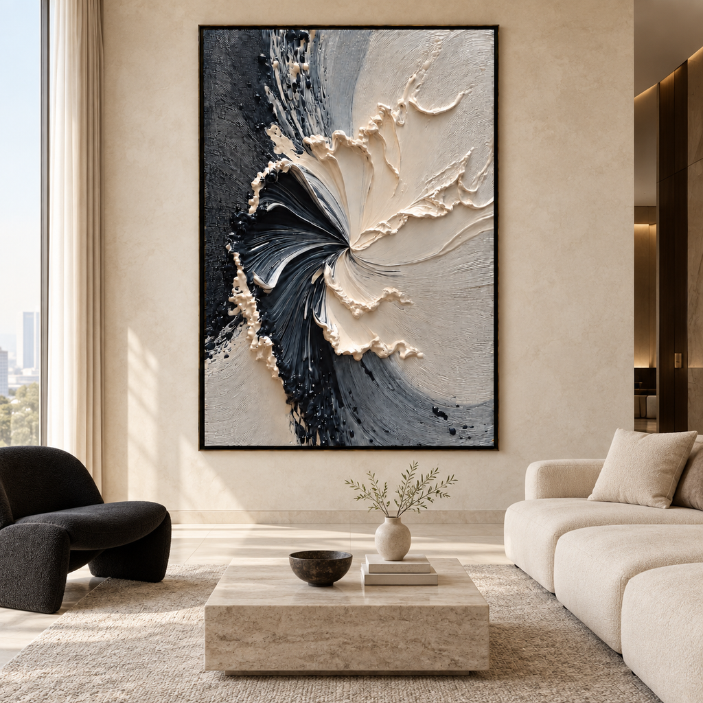 ECLIPSE IN BLOOM: Black and White Textured Abstract Painting with Sculptural Depth