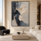 ECLIPSE IN BLOOM: Black and White Textured Abstract Painting with Sculptural Depth