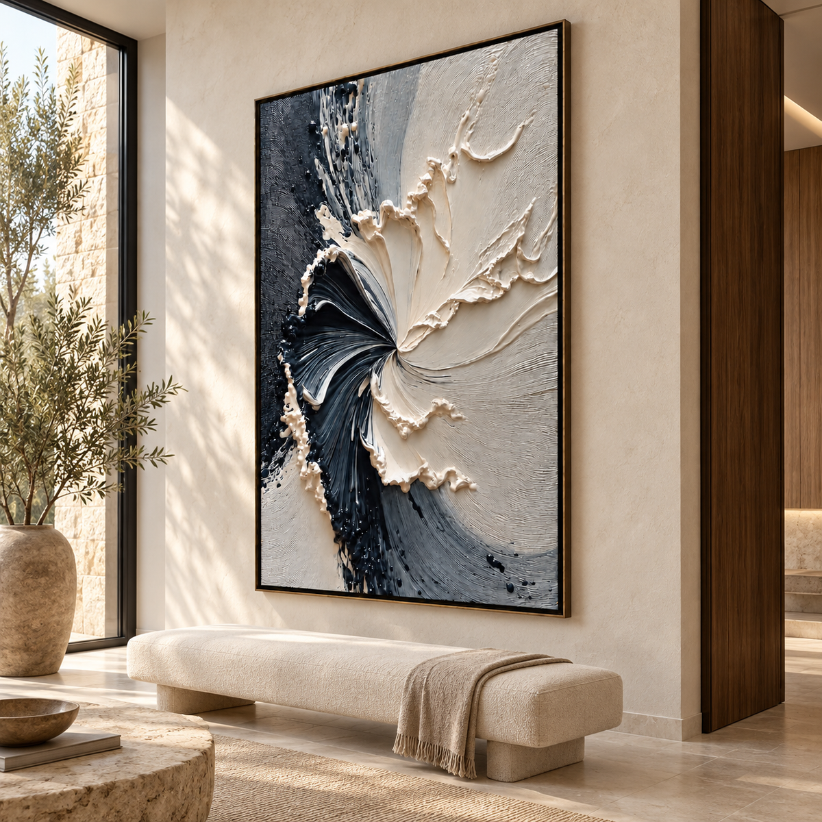 ECLIPSE IN BLOOM: Black and White Textured Abstract Painting with Sculptural Depth