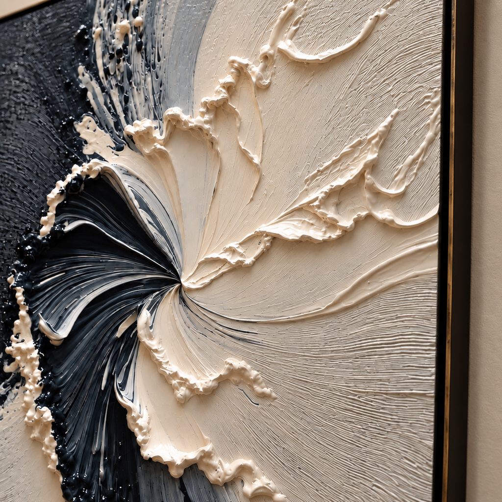 ECLIPSE IN BLOOM: Black and White Textured Abstract Painting with Sculptural Depth