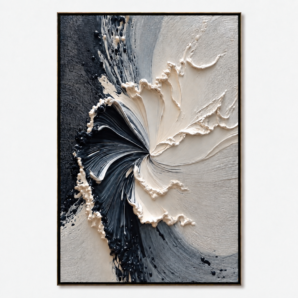 ECLIPSE IN BLOOM: Black and White Textured Abstract Painting with Sculptural Depth