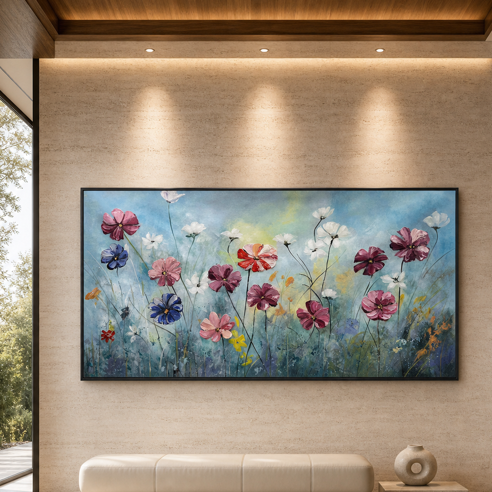 COLORFUL FLORAL: Pink Purple Red White Blooming Flowers Oil Painting