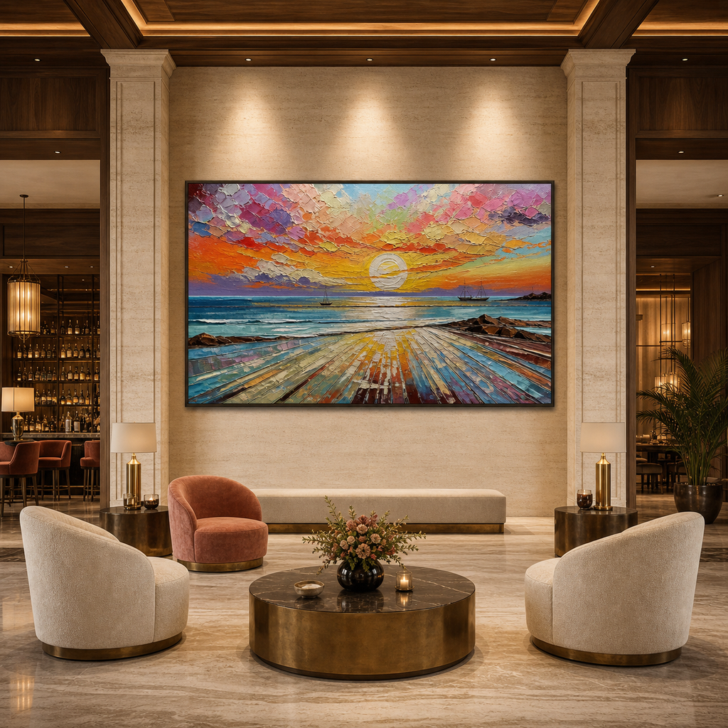 COLORFUL SEASCAPE: Vibrant Sunset Ocean Textured Oil Painting