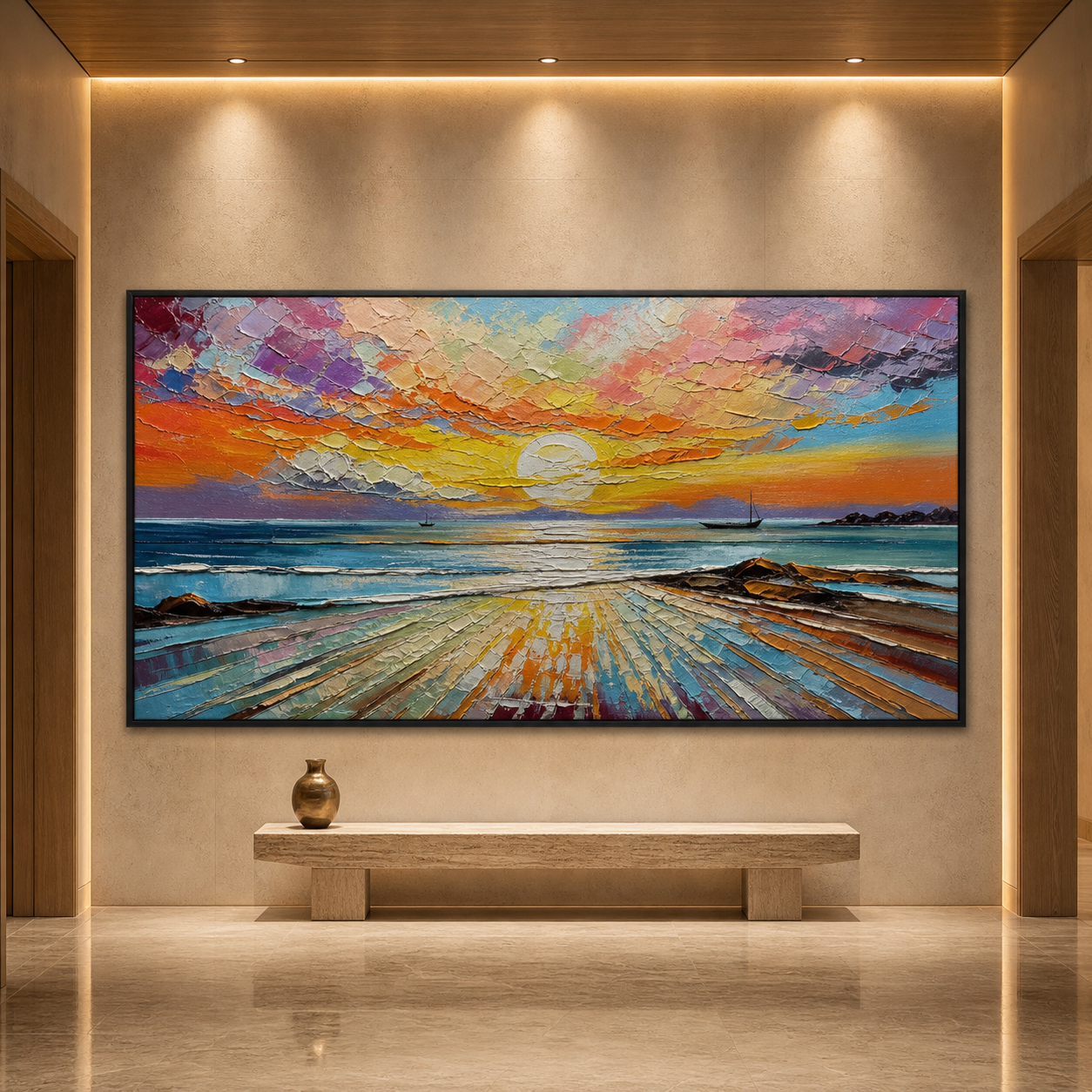 COLORFUL SEASCAPE: Vibrant Sunset Ocean Textured Oil Painting