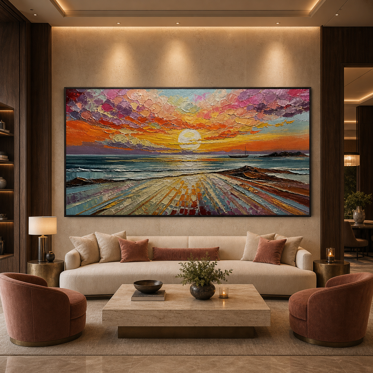 COLORFUL SEASCAPE: Vibrant Sunset Ocean Textured Oil Painting