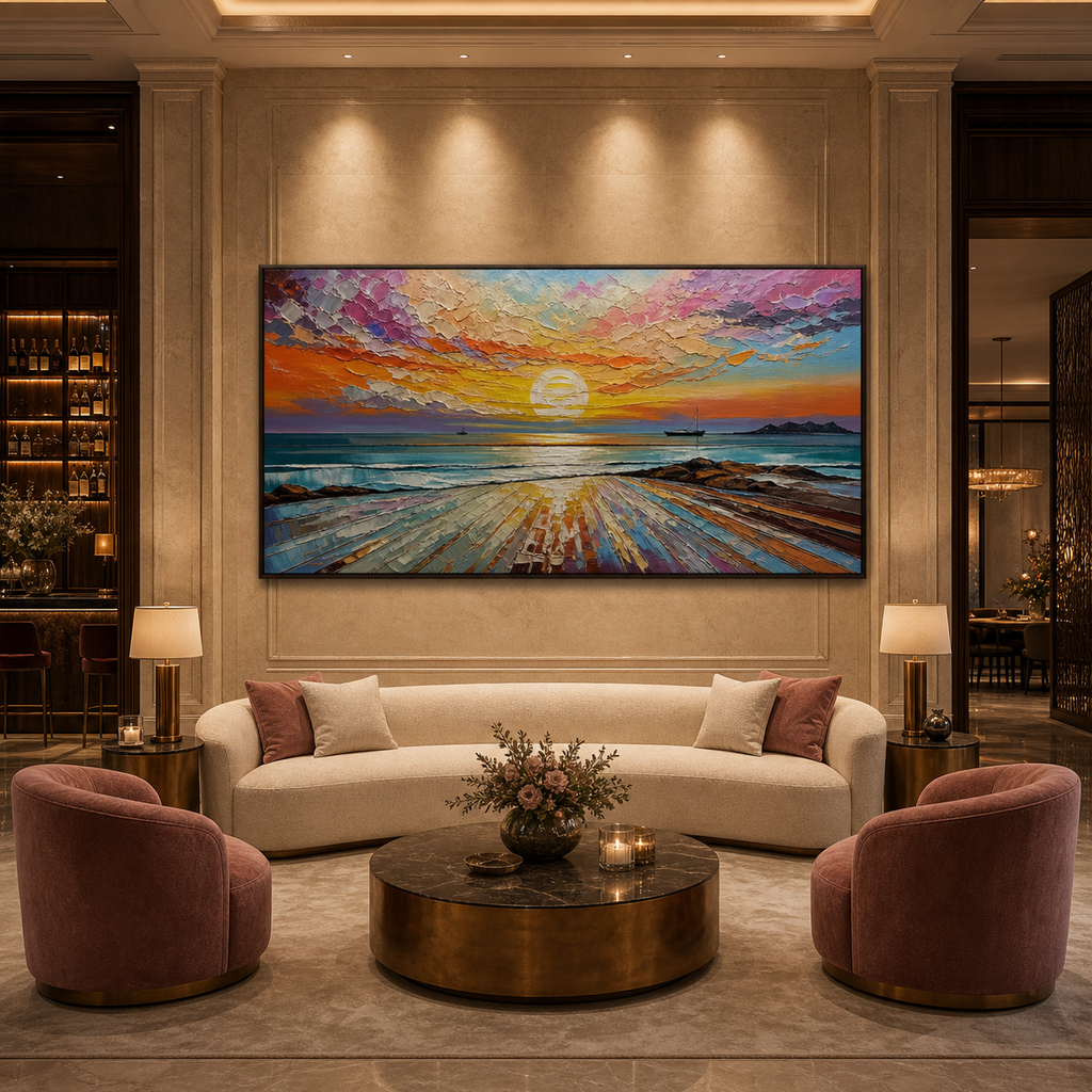 COLORFUL SEASCAPE: Vibrant Sunset Ocean Textured Oil Painting