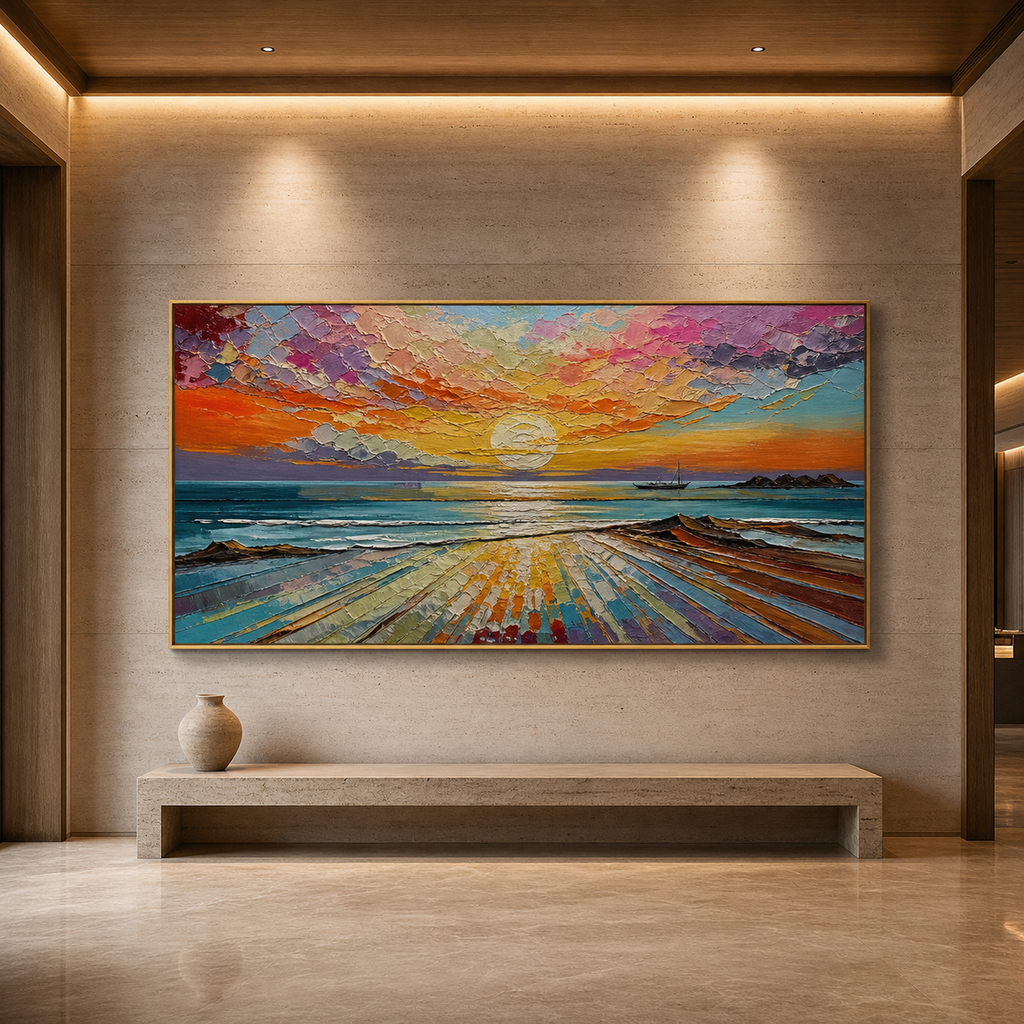 COLORFUL SEASCAPE: Vibrant Sunset Ocean Textured Oil Painting