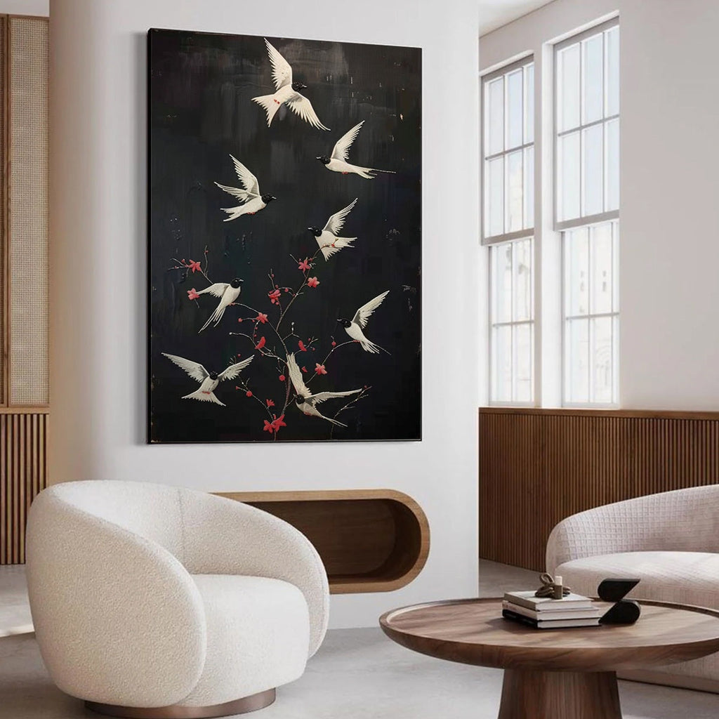 DANCING IN THE DARK: Beaded Birds Pink Blossoms Artwork Dark Canvas