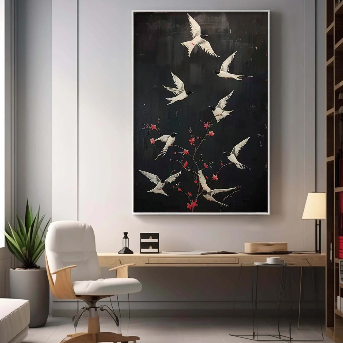 DANCING IN THE DARK: Beaded Birds Pink Blossoms Artwork Dark Canvas