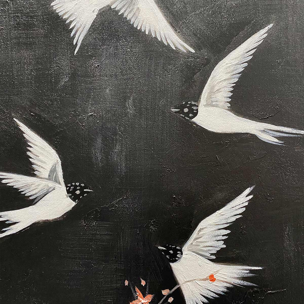 DANCING IN THE DARK: Beaded Birds Pink Blossoms Artwork Dark Canvas