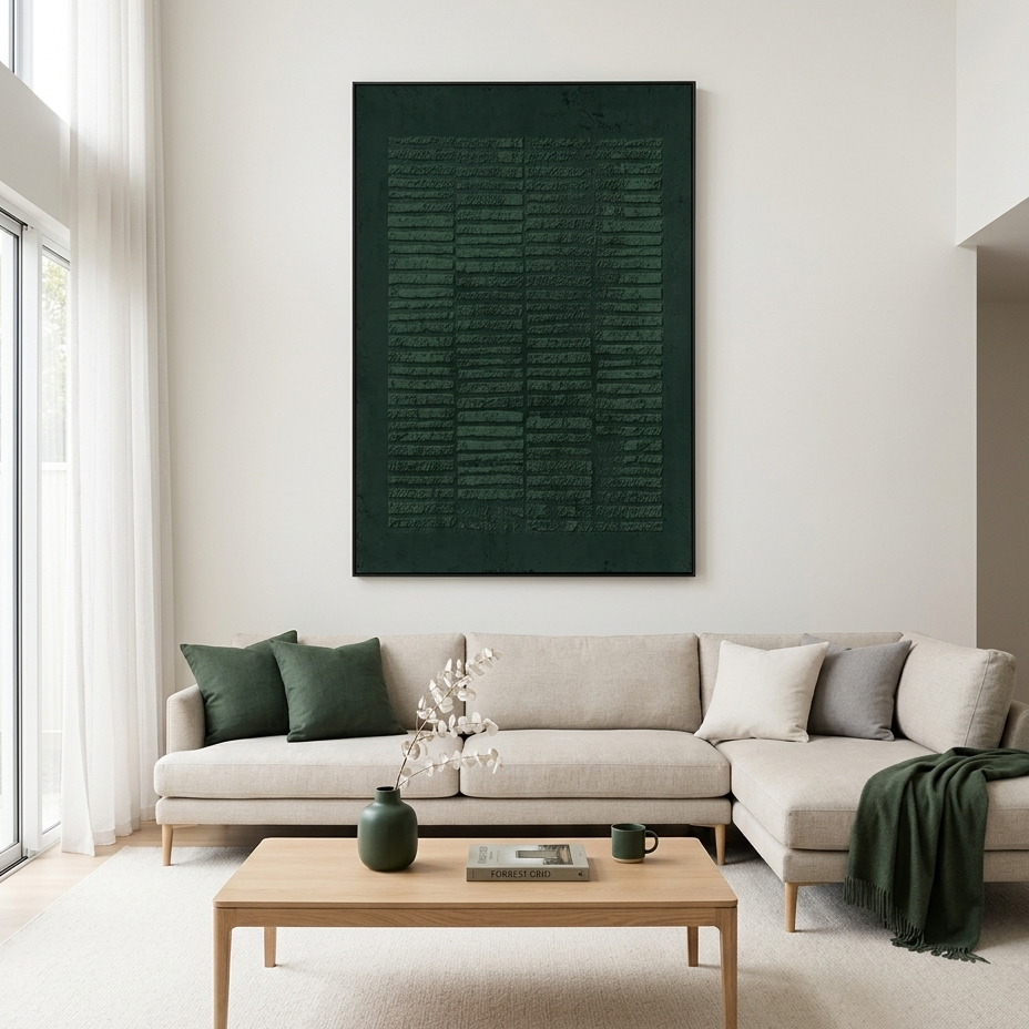 DARK GREEN TEXTURED GRID: Deep Green Textured Grid Pattern Minimalist Canvas