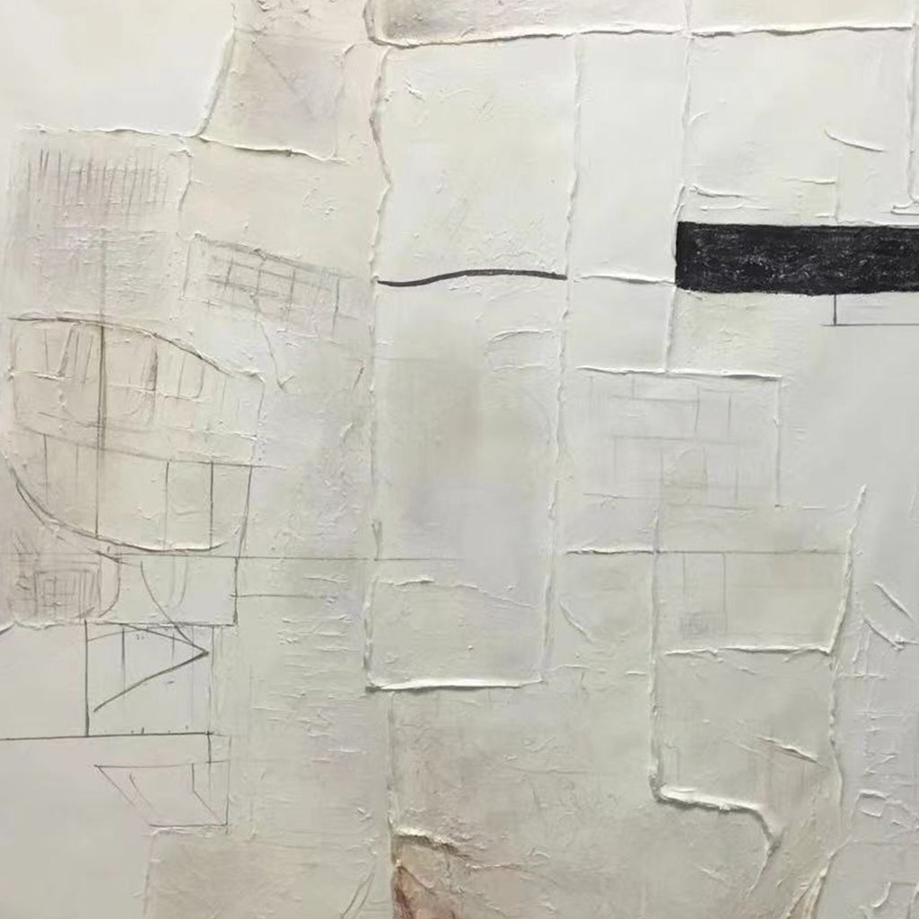 Deconstructed Plans: Original Textured Minimalist Abstract Oil Painting - Square White Black Architectural Wall Art