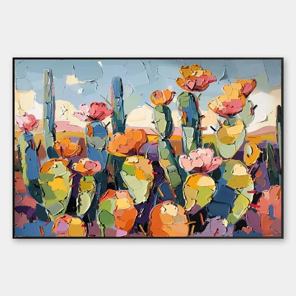 Textured Cactus Painting, Impasto Wall Art, Horizontal Canvas, Desert Decor