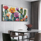 Vibrant textured impasto painting of colorful desert cacti with pink, purple, orange, yellow blooms