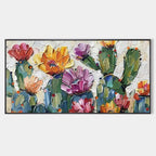 Vibrant textured impasto painting of colorful desert cacti with pink, purple, orange, yellow blooms