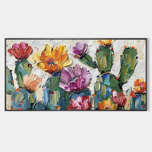 Vibrant textured impasto painting of colorful desert cacti with pink, purple, orange, yellow blooms