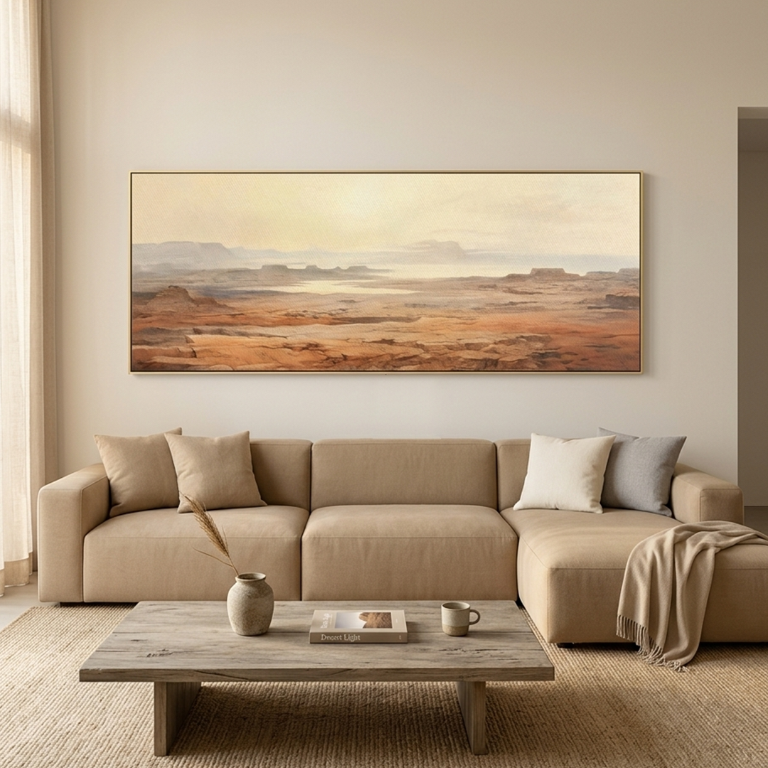 DESERT MIST PANORAMIC: Minimalist Misty Desert Landscape Canvas