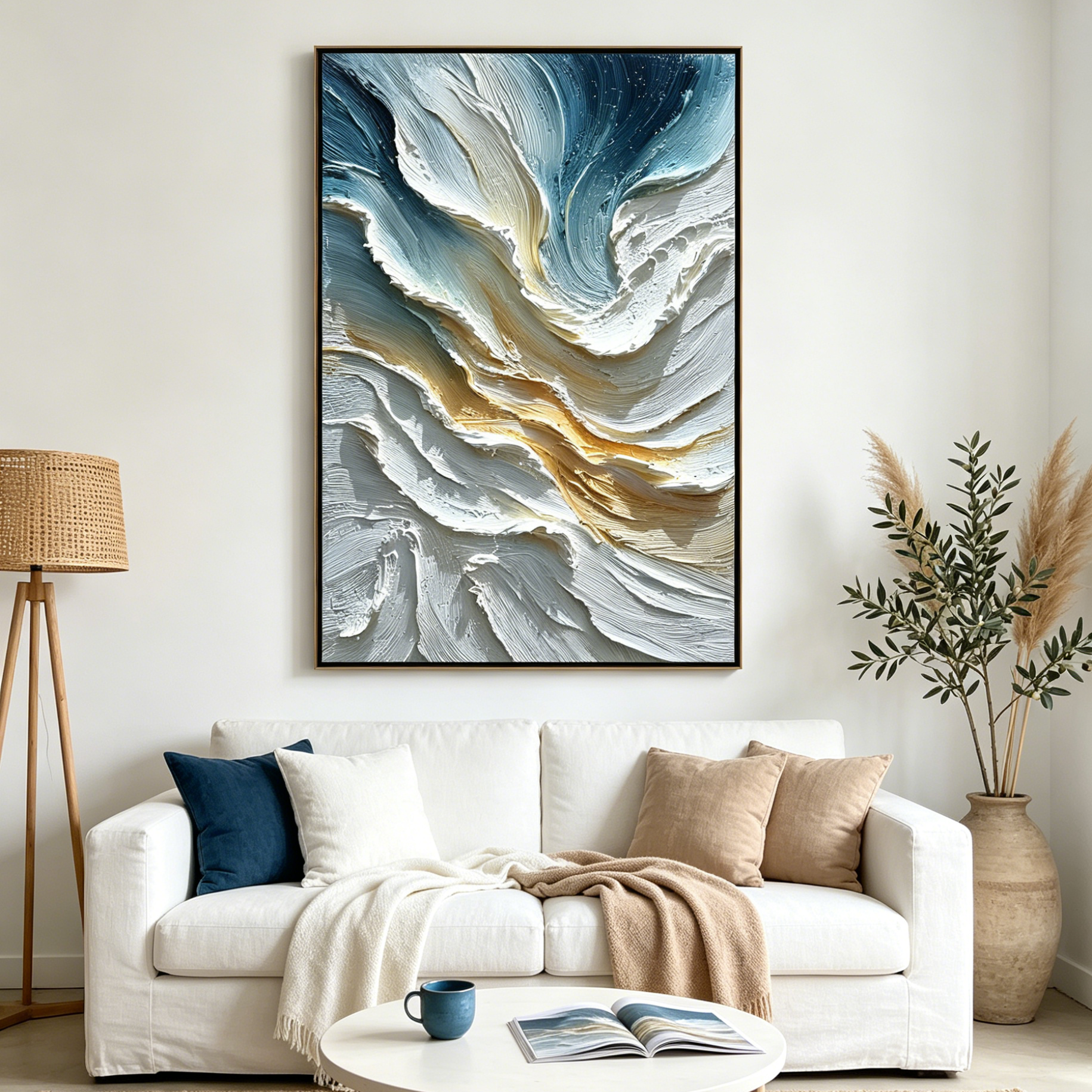 AEGEAN CREST: Textured Impasto Cresting Waves Ocean Blue Gold Canvas