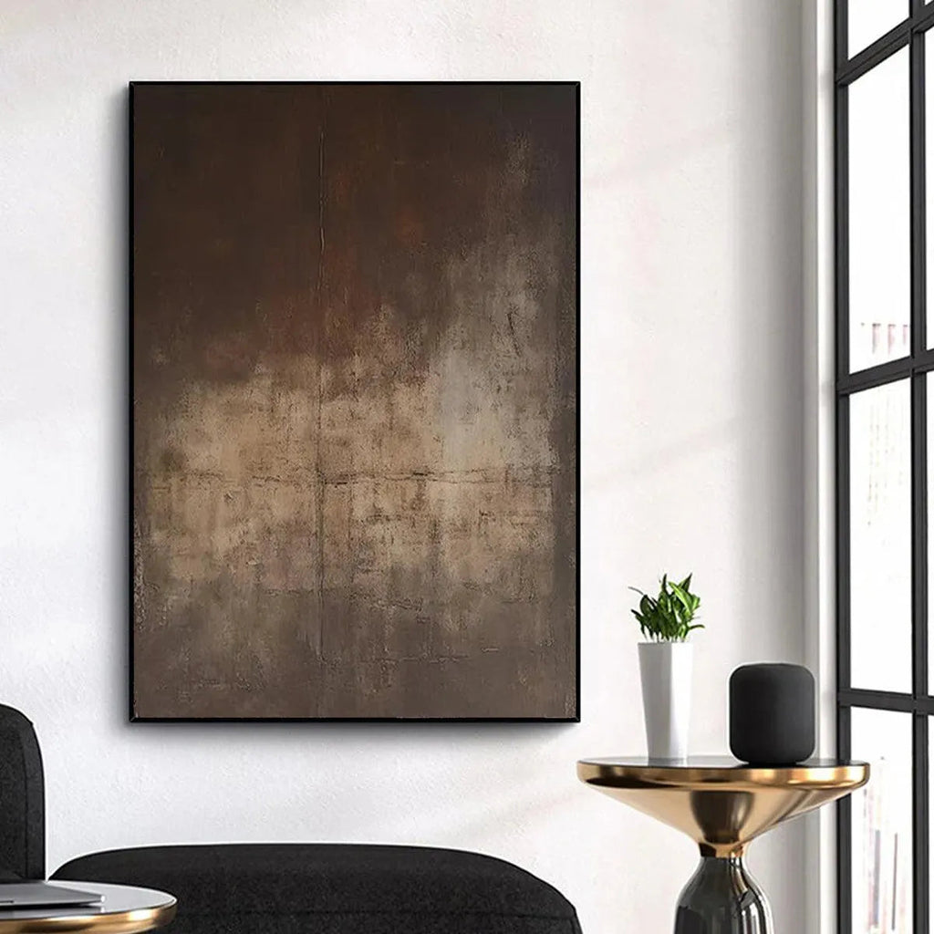 Dark Brown Abstract art by Javier Ramirez. Minimalist textured painting in deep brown, ideal for contemporary spaces.