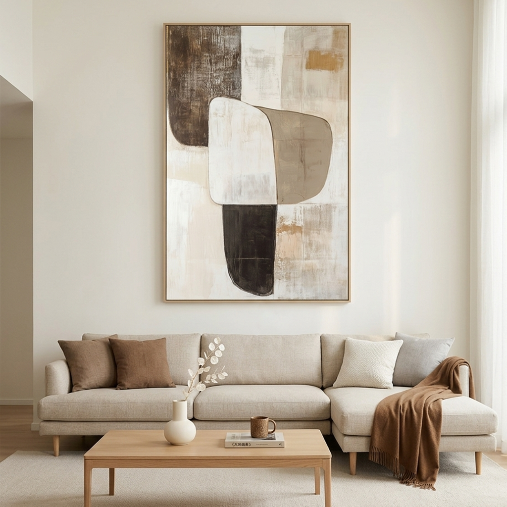 EARTHEN FORMS: Brown Beige White Textured Blocks Vertical Minimalist Canvas