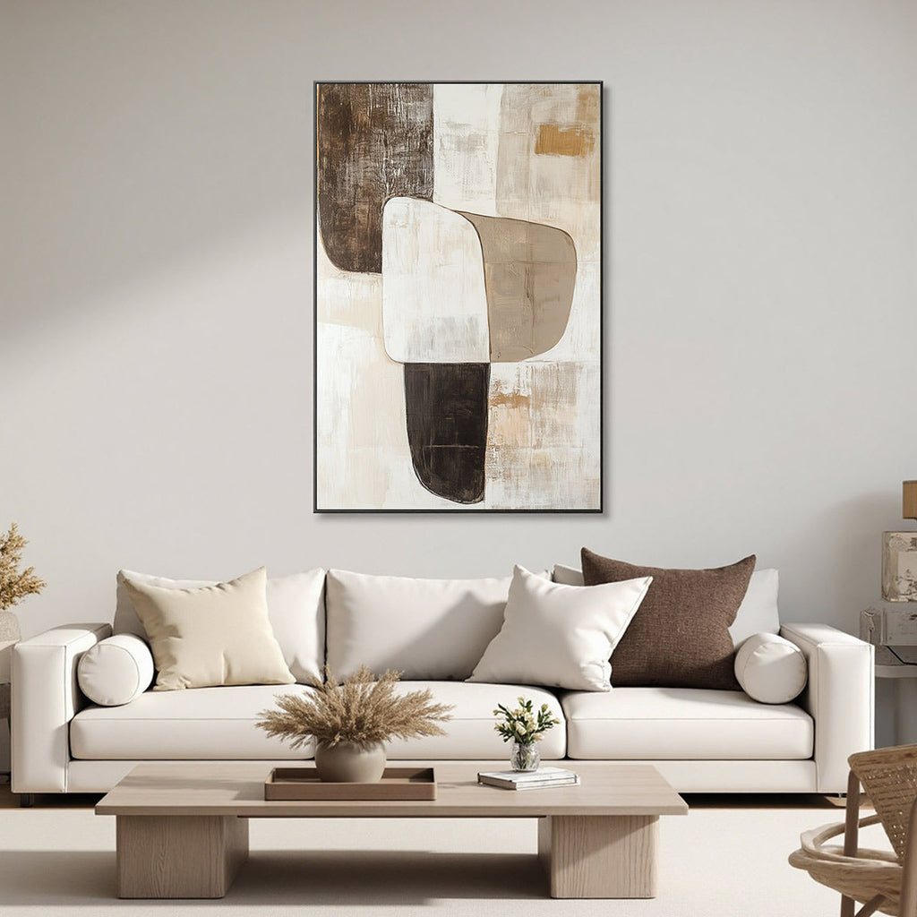 Earthen Forms: Original Minimalist Abstract Oil Painting - Vertical Textured Brown Beige White Wall Art