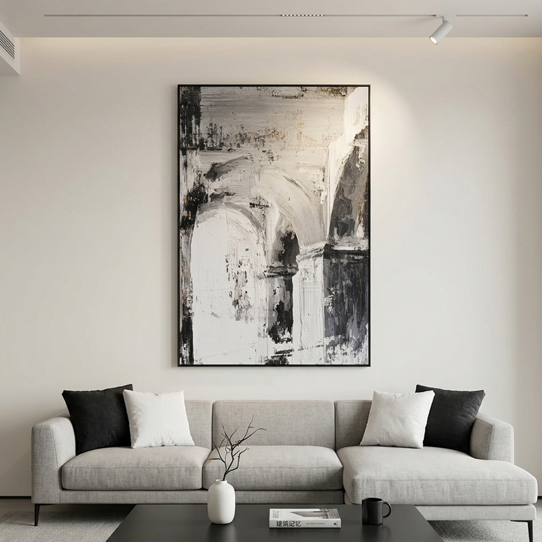 ECHOES OF THE ARCADE: Monochrome Impasto Architectural Arch Abstract Canvas