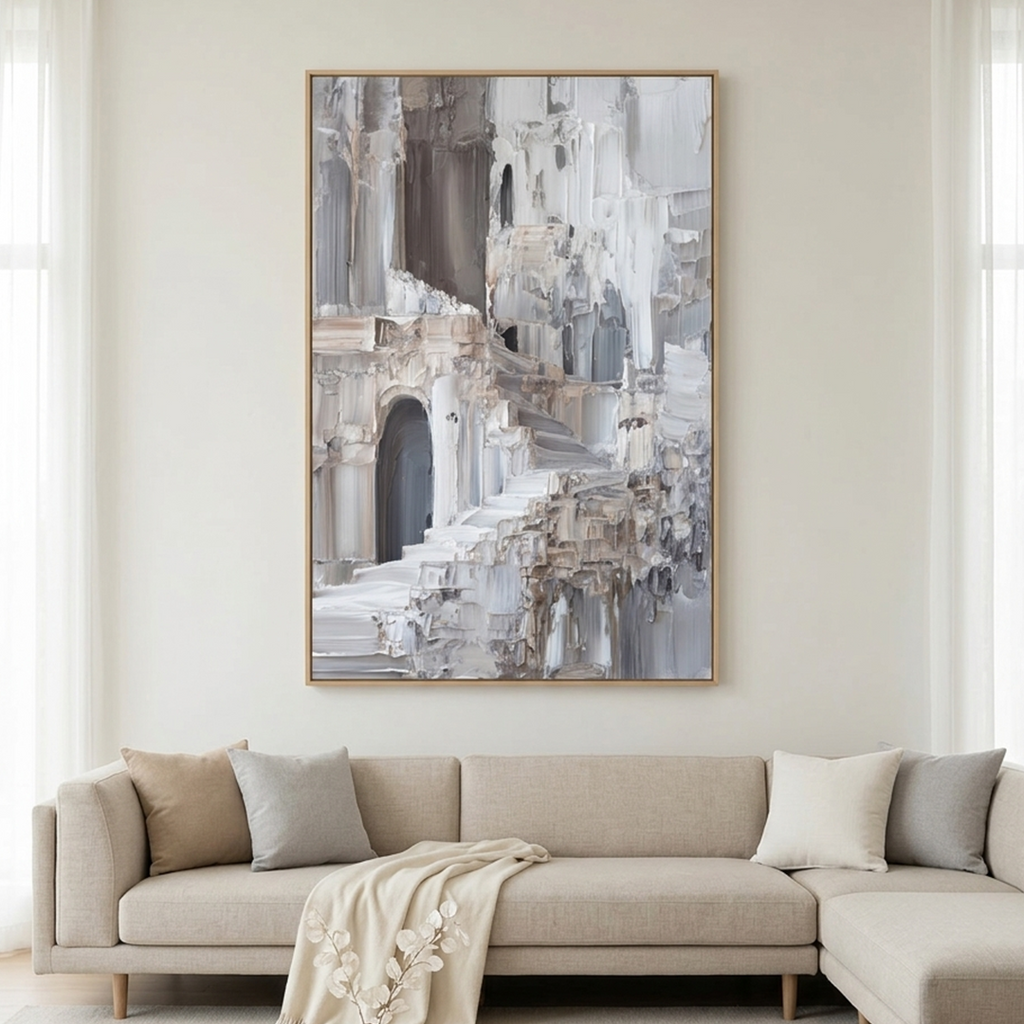ECHOES OF STONE: Impasto Grey Beige White Stairs Arches Canvas
