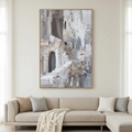 ECHOES OF STONE: Impasto Grey Beige White Stairs Arches Canvas