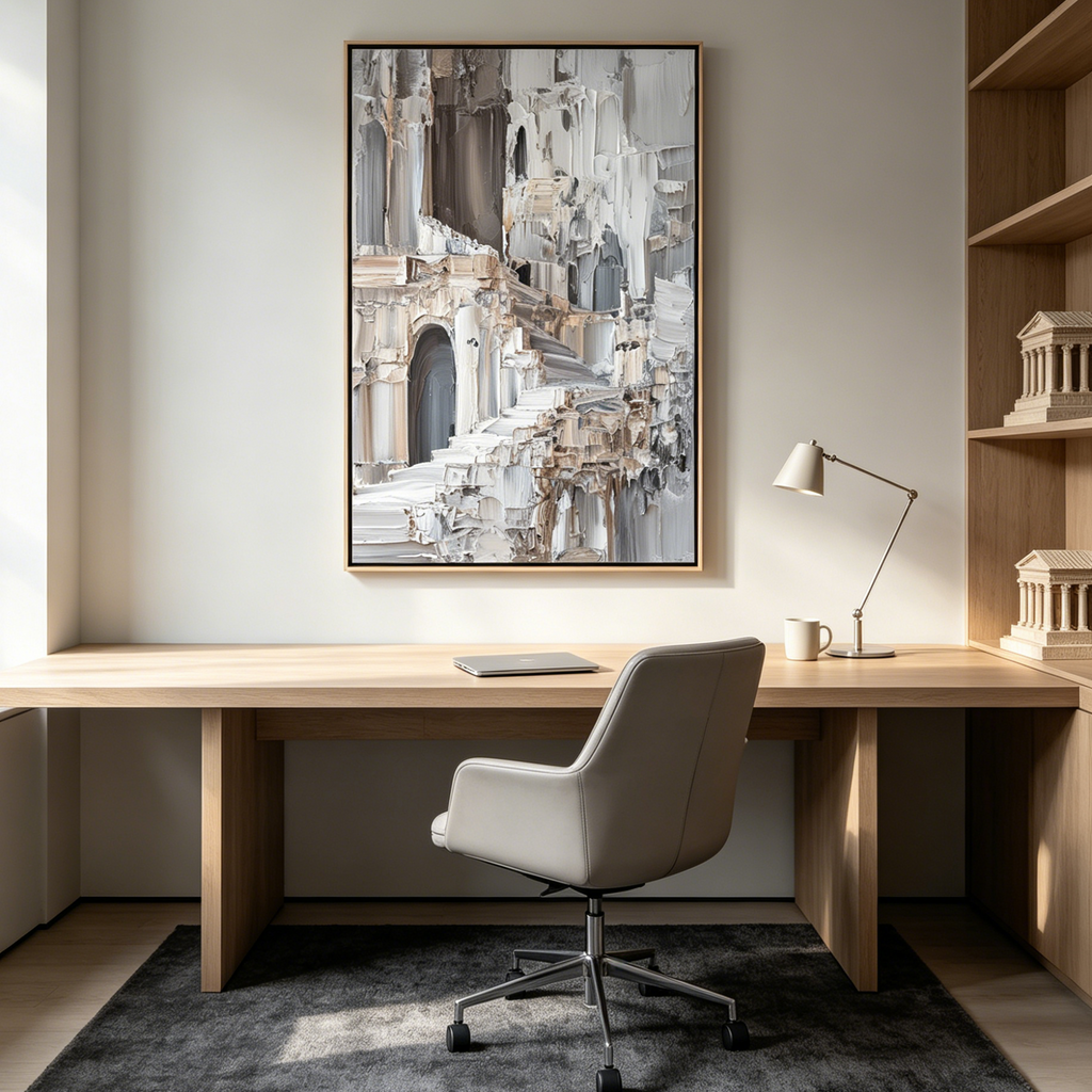 ECHOES OF STONE: Impasto Grey Beige White Stairs Arches Canvas