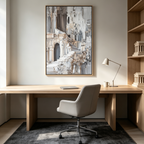 ECHOES OF STONE: Impasto Grey Beige White Stairs Arches Canvas
