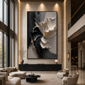 ECLIPSE IN BLOOM: Black and White Textured Abstract Painting with Sculptural Depth
