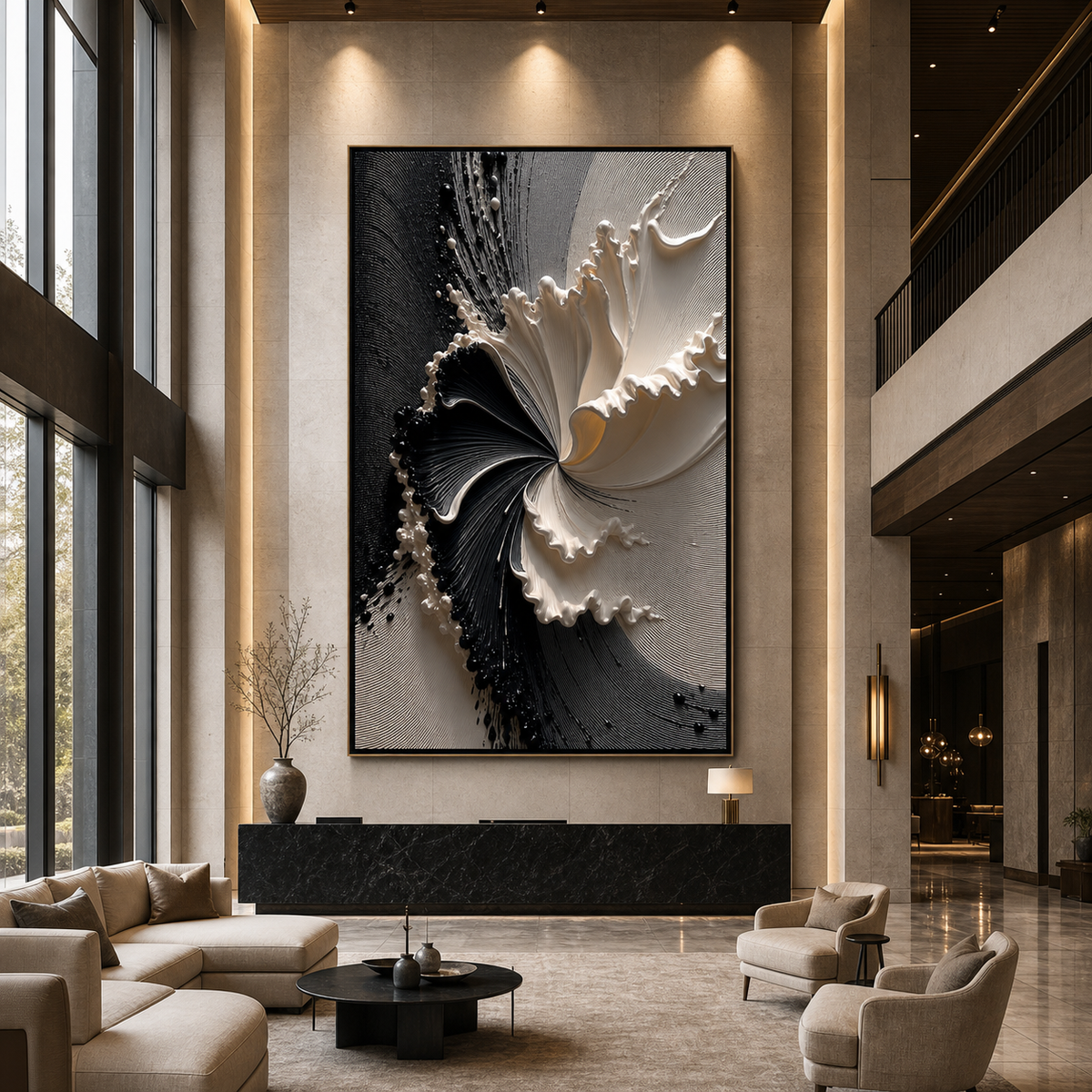 ECLIPSE IN BLOOM: Black and White Textured Abstract Painting with Sculptural Depth
