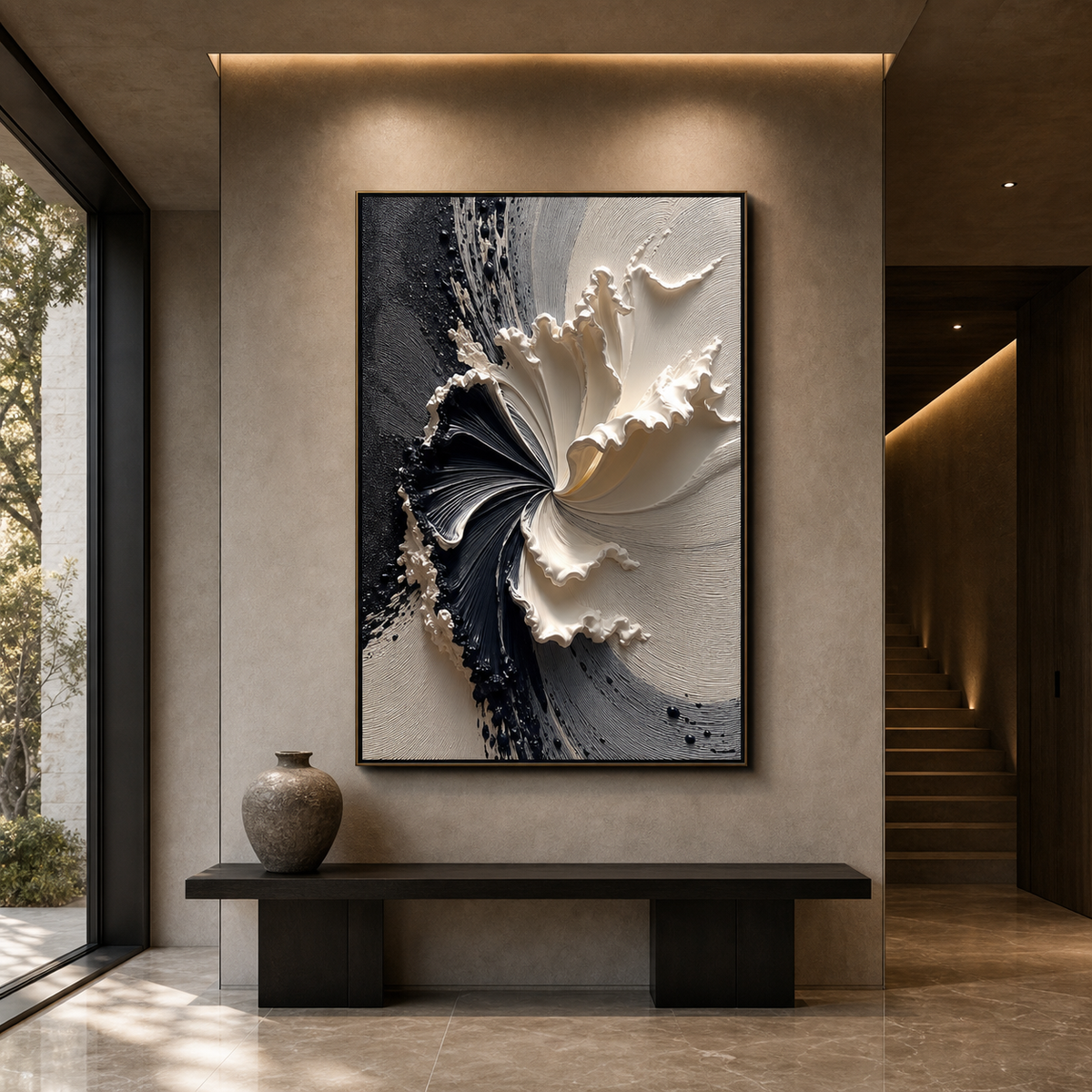 ECLIPSE IN BLOOM: Black and White Textured Abstract Painting with Sculptural Depth